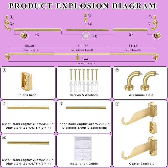 Brass Disc Curtain Rods, 84-144 Inches Window Curtain Rod,Adjustable Room Darkening Curtain Rod with Aluminum Finials and Brackets,Wrap Around Design