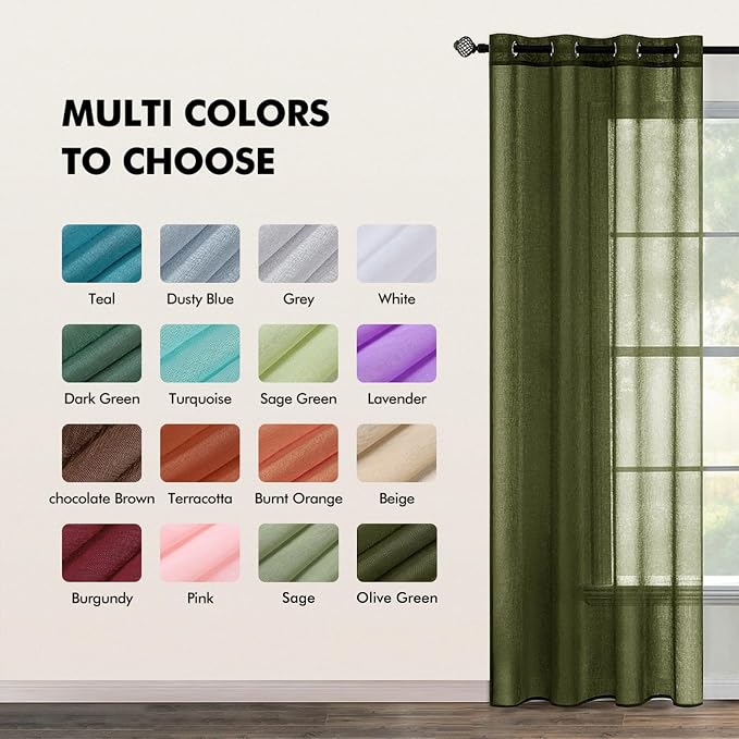 MIULEE 2 Panels Olive Green Semi Sheer Window Curtains Elegant Grommet Top Window Voile Drapes/Treatment Linen Textured Dark Green Panels for Bedroom Living Room (54X96 Inches)