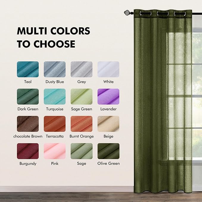 MIULEE 2 Panels Olive Green Semi Sheer Window Curtains Elegant Grommet Top Window Voile Drapes/Treatment Linen Textured Dark Green Panels for Bedroom Living Room (54X84 Inches)