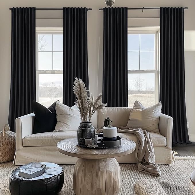 QJmydeco Black 100% Blackout Curtains 84 Inches Long to Keep Heat Out, Black Linen Boho Drapes for Bedroom/Living Room Darkening Back Tab/Rod Pocket/Hook Thermal Insulated (2Panels Set Burg W50 xL84)