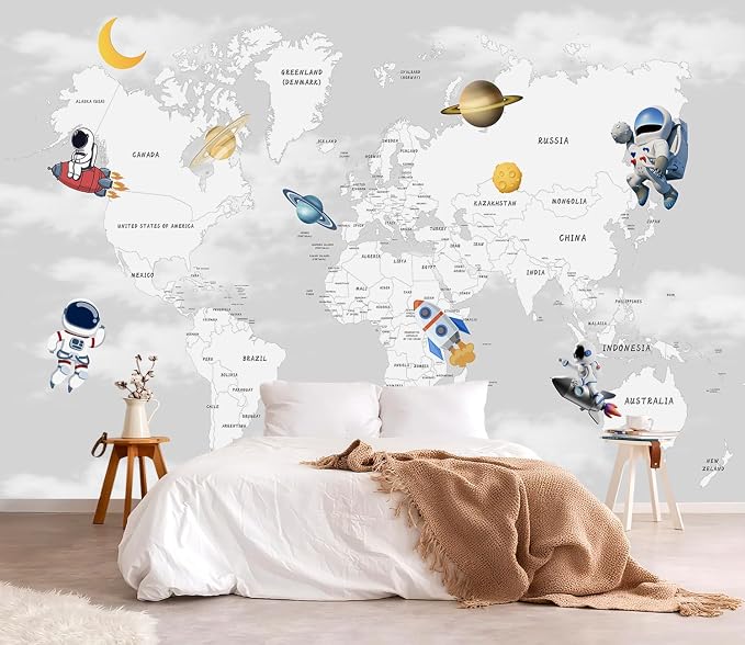 YQWDMX - Grey map Peel and Stick Wallpaper Cartoon Planet Kids wall Mural for Nursery ZY04 L