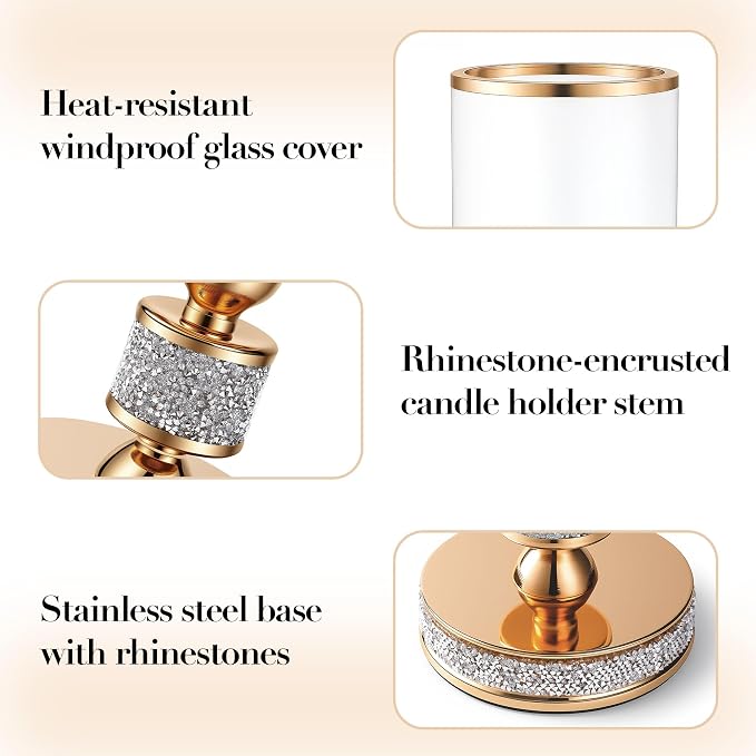 Hurricane Candle Holder, 15.9" Tall Metal Candle Stand, Glass Pillar Candle Holders, Crystal Gold Decorative Centerpieces for Table, Wedding and Dining Room (Fits Candles up to 3"x5", 2pcs, L)