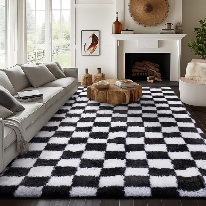 Ophanie Checkered Black & White Rug for Living Room Bedroom,Fluffy Soft Cute Fuzzy Area Rugs,Shag Plush Shaggy Bedside Floor 8x10 Furry Carpet Kids Baby Teen Dorm Decor with Over 99 pcs Pile fibers