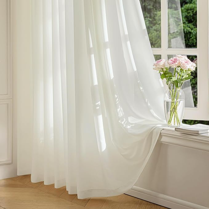 FMFUNCTEX Sheer Non-See-Through Netural Beige Curtains for Bedroom, Faux Silk that Let Light Curtains 108 inches Long Light Filtering Privacy Sheer Drapes for Living Room, Rod Pocket 2 Panels Set