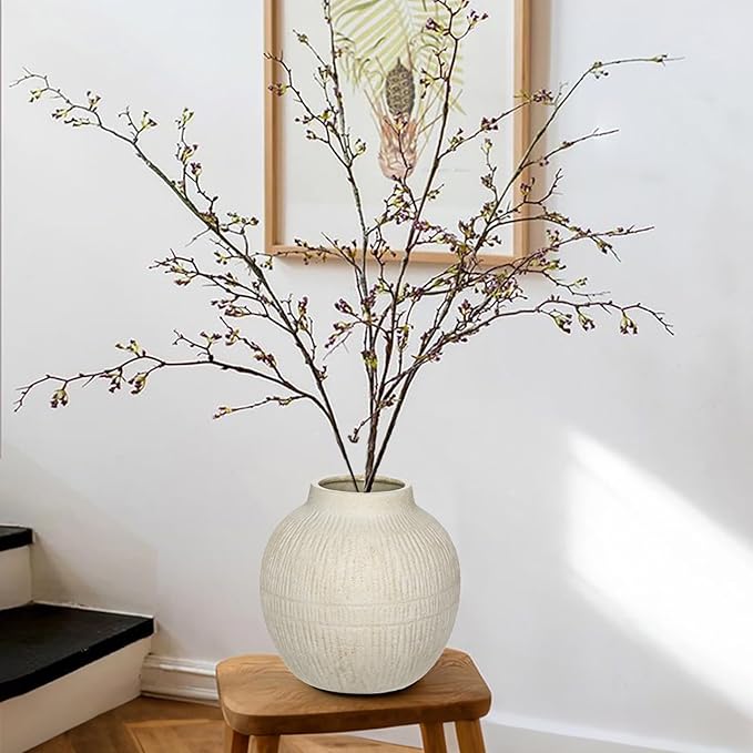 7" Short Round Clay Vase with Vertical Engravings Texture, Sand-Grain Tactile, Wide Ceramic Vase for Cafe Centerpiece Decor, Bohemian Style, Small & Beige White