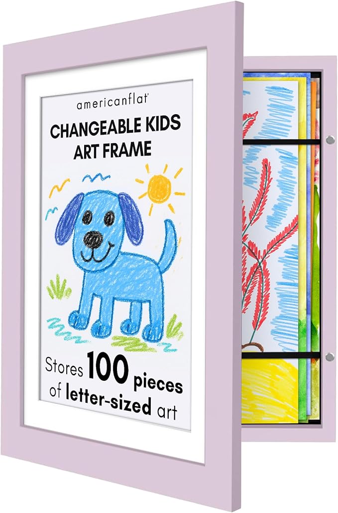 Americanflat Kids Artwork Frame Changeable (Lilac) - Magnetic Door Holds 100 Art Pieces - 8.5x11 Letter Size Display with Mat or 10x12.5 Without Mat - My Mini Masterpiece