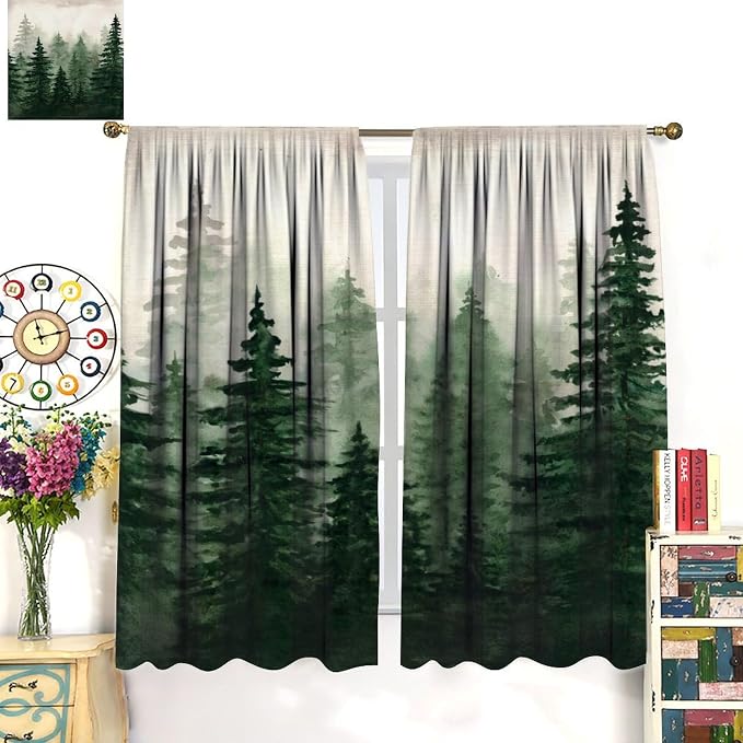 Watercolor Forest Blackout Curtains for Bedroom,Vintage Rustic Watercolor Green Misty Nature Forest Tree Tree Plant Print for Kids Boys Girls Living Room Bathroom 42x45in (Blackout)