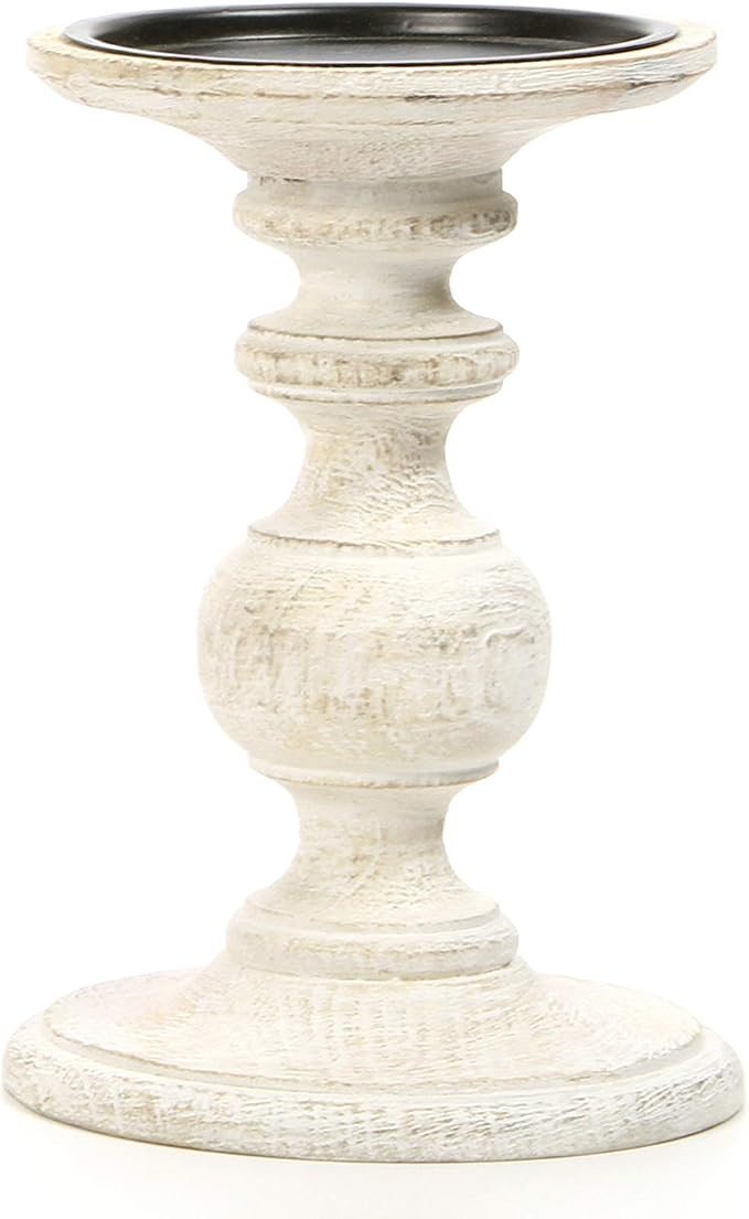 Hosley Antique White Wooden Pillar Candle Holder 7 Inch High - Rustic Country Farmhouse Decor, Wedding Centerpiece, Home Accent Gift