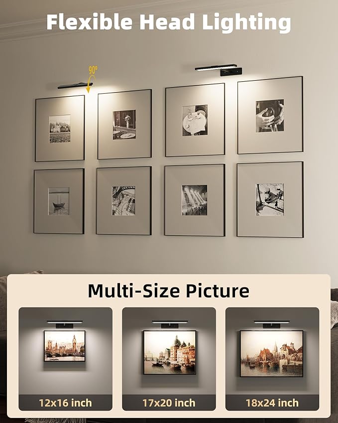EZVALO Picture Light for Wall, 13'' Black Rechargeable 4800mAh Battery Lights Wireless Remote, Dimmable Magnetic LED Art Painting Light with 3 Color Temperatures, Display for Gallery, Living Room(2P)