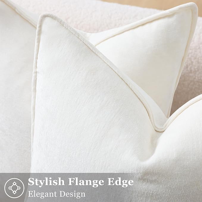 decorUhome Fall Couch Euro Sham Throw Pillow Covers 24x24 Set of 2, Decorative Soft Velvet Modern Cozy Chenille Pillow Cases with Elegant Design for Sofa Bed Living Room Home Decor, Cream White