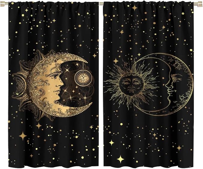 Sun and Moon Blackout Windows Curtains, Golden Planet Star Mysterious Galaxy Curtains Space Curtains, for Living Room Bedroom 72x63in 2 Panels