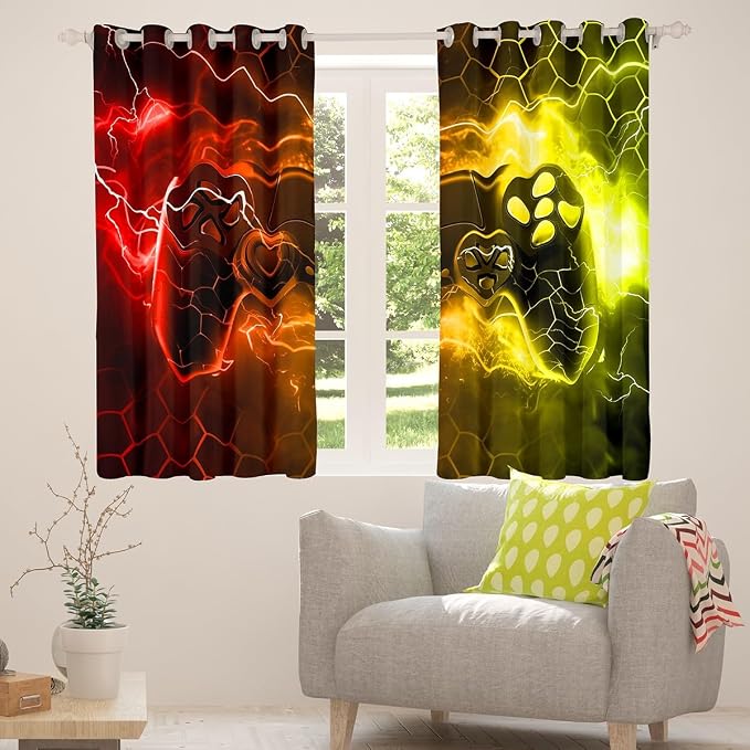 Feelyou Kids Boys Red Yellow Gamer Darkening Drapes Honeycomb Gaming Blankout Curtains for Toddler Lightning Gamer Window Curtains Game Room Decor Window Treatments (2 Panels, 38 x 45 Inch)