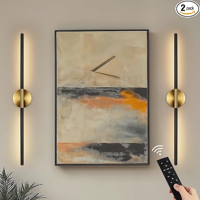 Battery Operated Wall Sconces Set of Two 360° Rotate Wireless Rechargeable Light Dimmable with Remote - Black Gold Modern Sconces Cordless Magnetic Wall Decor for Home Bedroom Timer 31.5 in