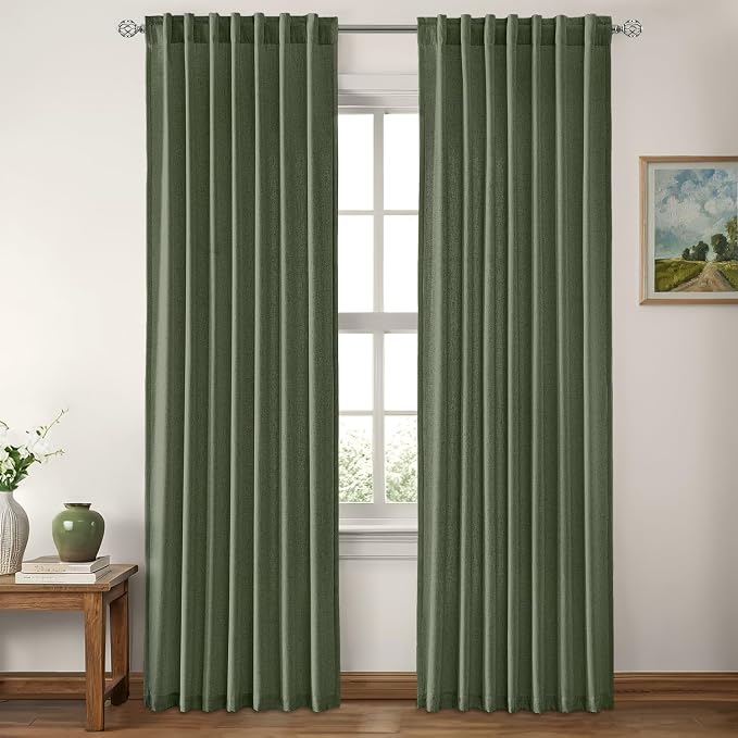 MIULEE Non-See-Through Privacy Linen Curtains 2 Panels, Olive Green Light Filtering Window Curtains Farmhouse Textured Back Tab Semi Sheer Drapes for Bedroom Living Room 72 Inches Long Dark Green