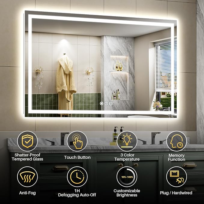 Briivue 68x38 Inch LED Bathroom Mirror with Lights, Backlit & Front Lit, Anti-Fog Lighted Bathroom Vanity Mirror for Wall, Memory Function, Dimmable, HD Tempered Glass, Shatter-Proof