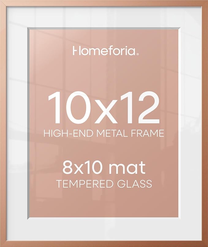 Homeforia 10x12 Picture Frame Rose Gold, High End Metal 10x12 Wall Hanging Frame with Mat 8x10, 10 x 12 Poster Frame Matted to 8 x 10 inch Photo, 10by12 Thin Frames, Tempered Glass, Wall Kit, Set of 1