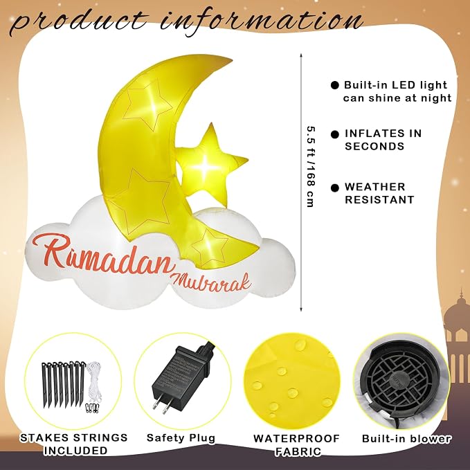 VIHOSE 5.5 ft Eid Al Adha Inflatable Ramadan Mubarak Blow Up Islamic Eid Decor Inflatable Muslim with LED Lights Celebrate Fasting Introspection and Prayer