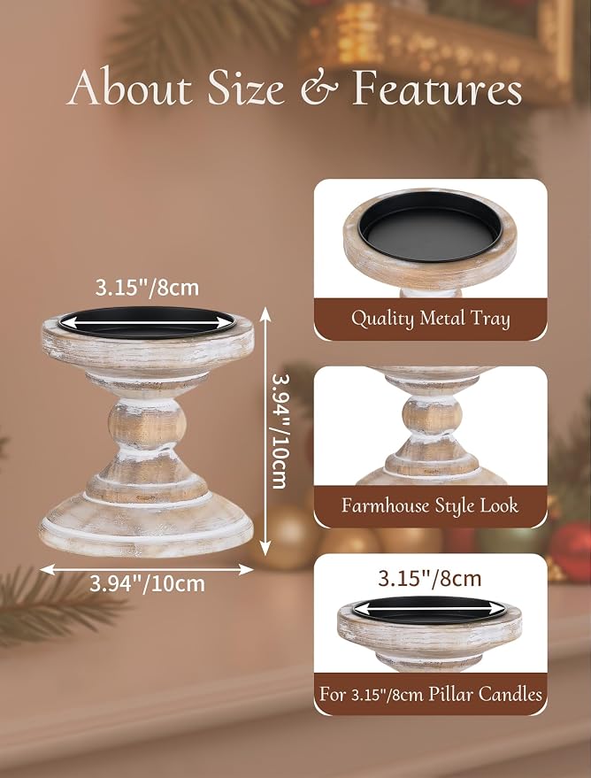 Wood Pillar Candle Holder: 2Pcs Rustic White Candle Holders for Pillar Candles Wood Candle Holders Distressed Wooden Farmhouse Candle Holder Large Rustic Candle Holder for Fireplace Table
