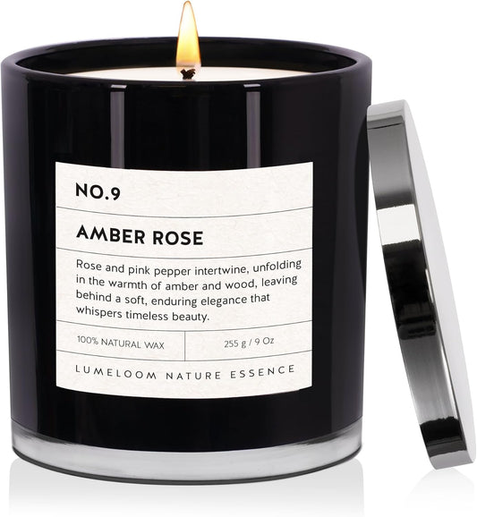 Amber & Rose Luxury Scented Candles, 9oz Soy Wax Candles for Home Scented, Rose, Wood, Amber Scent, Long Burning Time, Gifts for Women, Friends, Men, Sister, Mom, Teacher
