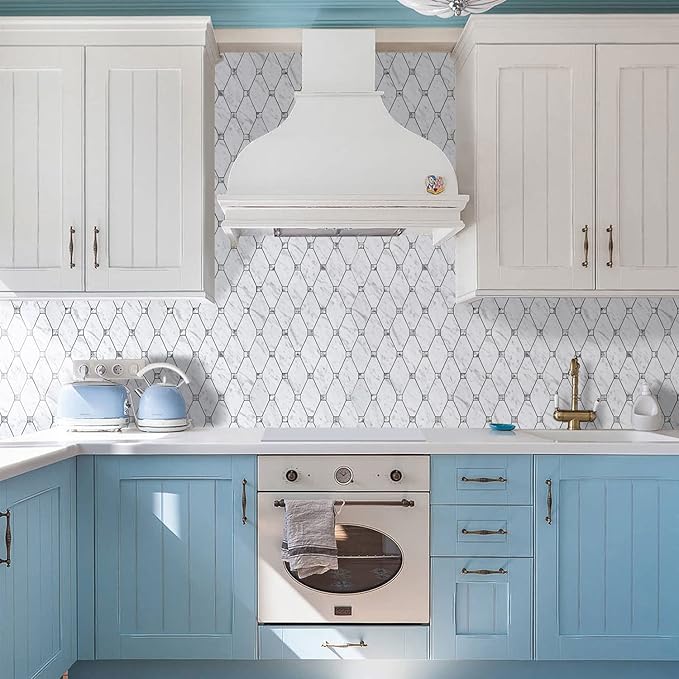 STICKGOO 10 Sheets Peel and Stick Backsplash, Carrara White Stick on Mosaic Tiles for Kitchen Wall Decor, PVC Mixed Glass Self Adhesive Peel and Stick Tile