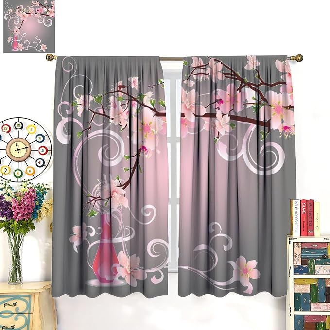 Cherry Blossom Curtains,Pink Flower Japanese Floral Print Window Treatments for Bedroom Living Room Kitchen Polyester Fabric Window Drapes 2 Panels Set,Total Size 52 x 84 Inch