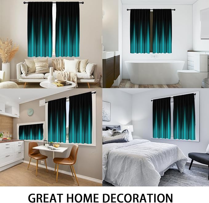Coxila Teal and Black Window Curtains for Bedroom 42 x 63 Inch Rod Pocket Turquoise Aqua Ombre Dark Gothic Goth Cool Anime Boys Mens Abstract Fun Living Room Treatment Set of 2 Curtain Panels Drapes