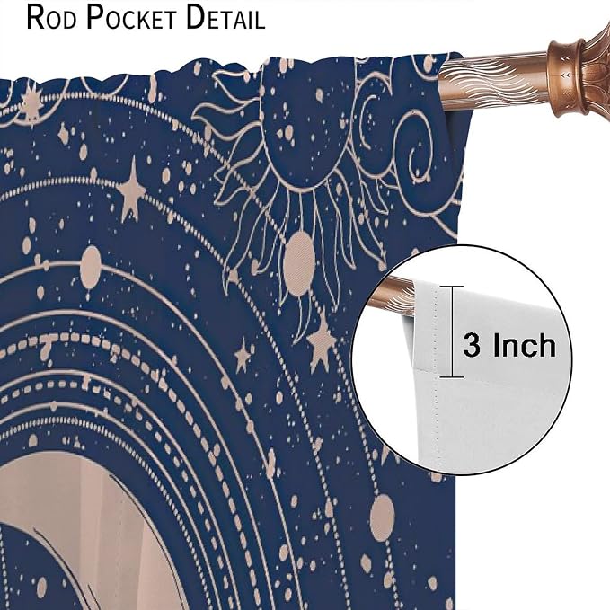 Sun Moon Blackout Windows Curtains, Boho Celestial Bodies Gold Sun Moon and Stars Pattern Window Drapes, for Living Room Bedroom 55x63in 2 Panels