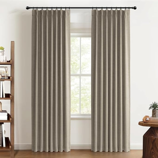 100% Blackout Shield Linen Look Textured Pinch Pleated Curtains Blackout Drapes 90 Inch Long 2 Panels Set, Faux Linen Blackout Curtains for Bedroom & Living Room, 40" W x 90" L, Dark Faux Linen