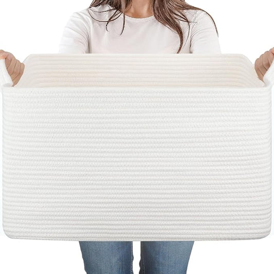 65L Cotton Rope Large Blanket Basket (19.7"x15.7"x11.8") for Living Room, Kids Room & Laundry, Storage Basket with Handle for Organizing Blankets, Pillows, Clothes & Toys, White