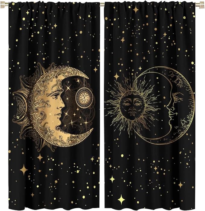 Sun and Moon Blackout Windows Curtains, Golden Planet Star Mysterious Galaxy Curtains Space Curtains, for Living Room Bedroom 63x72in 2 Panels