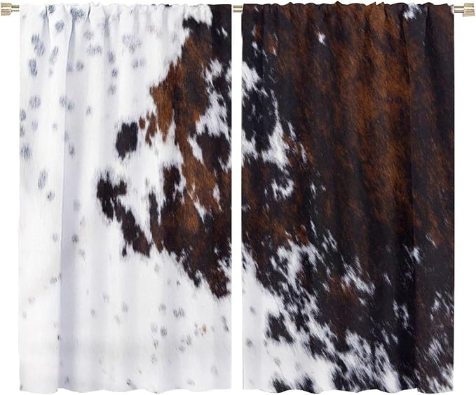 Cow Print Blackout Curtain,Retro Farm Style Animals Brown Cowhide Cow Fur Print Window Treatments Rod Pocket Curtain for Bedroom Living Room Kitchen Decor Drapes 72x63in