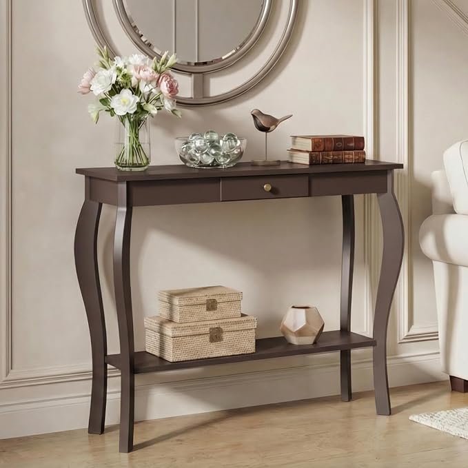 ChooChoo 47 Inch Narrow Console Table with Drawer, Chic Accent Sofa Entryway Table with Shelves for Entryway, Living Room, Hallway, Espresso