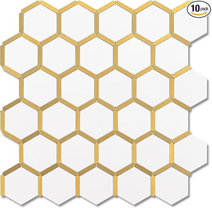 10-Sheet Hexagon Peel and Stick Backsplash Tile Polished White Tile Look Mixed Gold Kitchen Backsplash Peel and Stick Wall Tiles