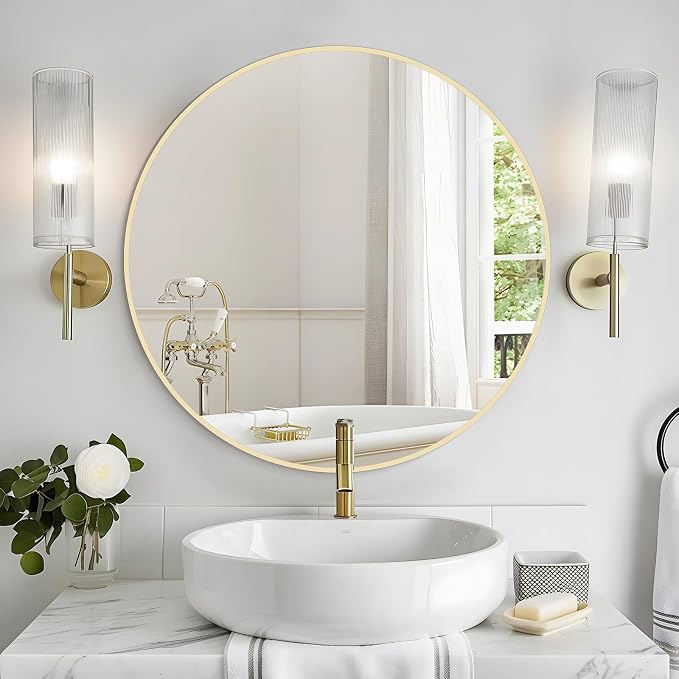 WallBeyond 28 inch Round Mirror Gold Large Circle Wall Mirror for Bathroom with Metal Framed, Round Wall Mirror for Wall Decor, Vanity, Entryway Living Room