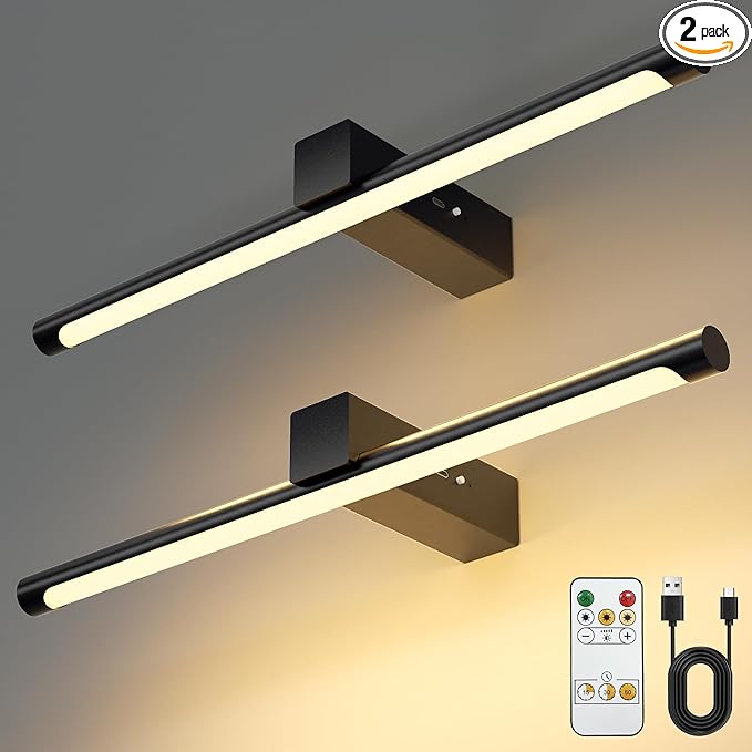 VOLISUN 15.7'' Picture Lights for Wall, 4000mAh Rechargable Picture Light Battery Operated, 3 Color Temperatures & Stepless Dimmable, 145LM Art Light for Paintings, Gallery, Portrait, 2 Pack (Black)