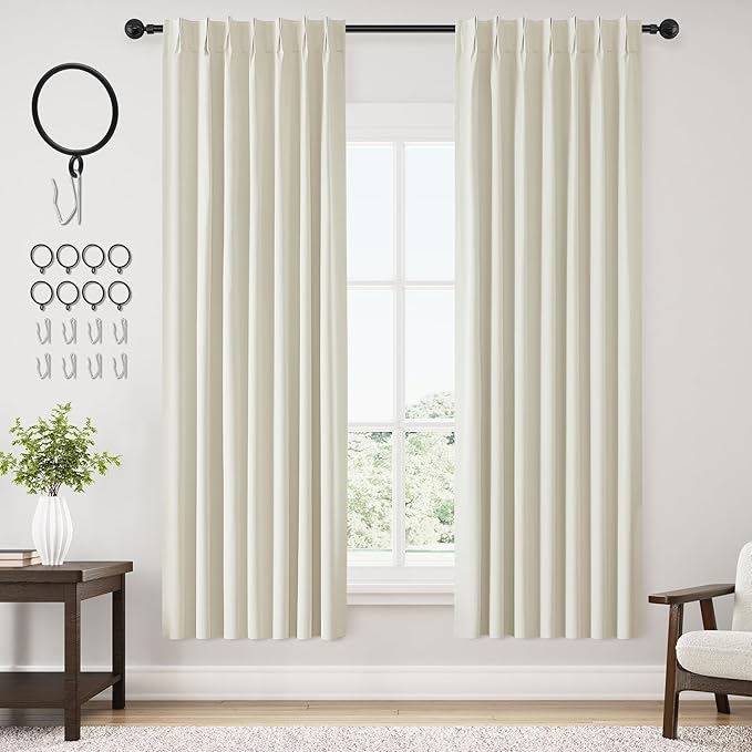 ChrisDowa Ivory Pinch Pleated Blackout Linen Curtains 72 inches Long 2 Panels for Living Room Bedroom Farmhouse Room darking Thermal Insulated Back Tab Hooks Rings Window Treatment Drapes,40x72