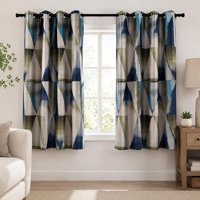 Leeva Heavy Curtains and Drapes for Patio and Office, Grommet Top Vintage Blue Geometric Print Windows Treatment Room Darkening Curtain for Bedroom, 2 Panels, 52x63