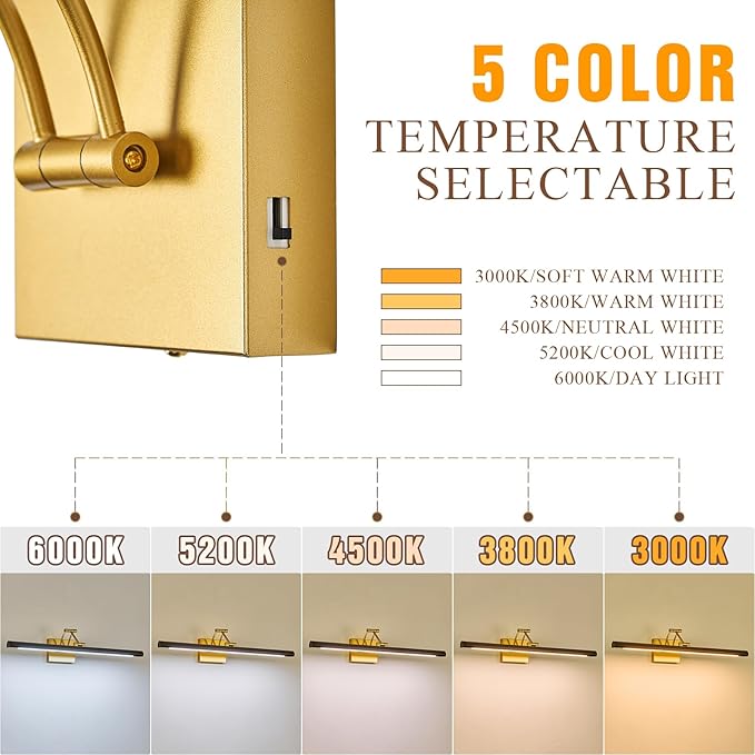 VitaLink Picture Lights for Wall, Hardwired 27.5" Long Gold Wall Picture Artwork Paintings Display Lighting Swing Arms Wooden Wall Lamp Bathroom Vanity Light Dimmable 5CCT