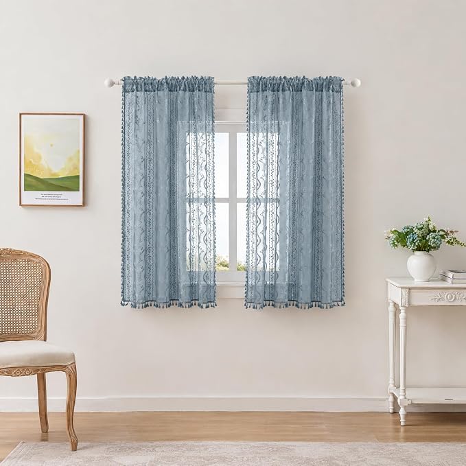 WAZZIO Boho Lace Curtains 2 Panels 63 Inch -Victorian Sheer Panel Drape French Country Floral Pattern & Tassel Light Filtering Privacy for Bedroom Dining Living Room,Coastal Decor,Dusty Blue,W52x L63