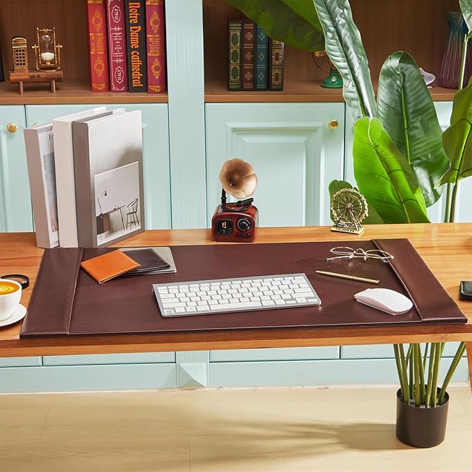 30 x 18 Inch Leather Desk Pad Protector with Side Rails, Executive Office Desk Mat for Home Workspace, Writing Surface, Mouse & Keyboard Pad, Elegant Gift for Men Dad Husband (Brown)