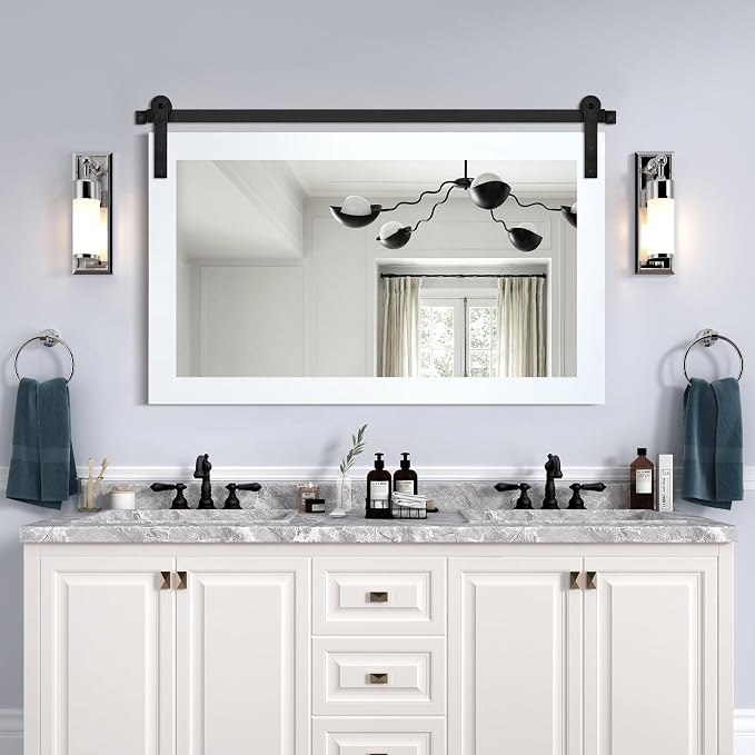 COGOOD Farmhouse Bathroom Mirror - 41" x 30" Rustic Barn Door Mirror for Living Room, Entryway, Bedroom, Vanity Wall Decor (Pure White)