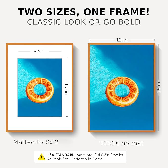 12x16 Picture Frame for 9x12 Photo, Minimalist Aluminum Frame, Orange | Sleek Metal Frame for Wall, Desk & Gift | Shatterproof Glass & Hardware
