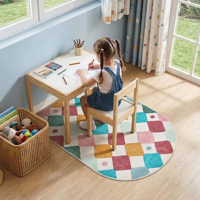 jinchan Macy Arched 3x5 Washable Kids Area Rug, Modern Colorful Checkered Diamond Rug for Nursery Bedroom Study Corner, Soft Low-Pile Non-Slip Doormat Dirt Trapping Chair Mat, Confetti on Cream