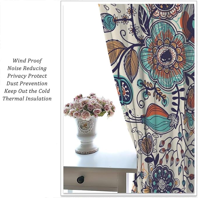 Floral-Print Curtains, Colorful Bohemian Floral and Vintage Botanical Patterns, Blackout Curtains for Bedrooms, Living Rooms, and Kitchens42X45 Inch