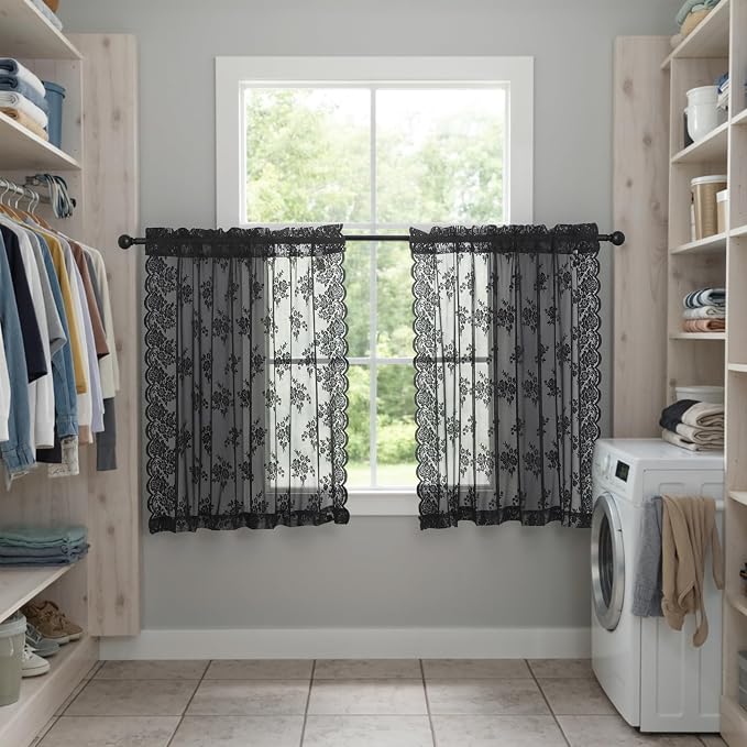 Kotile Black Lace Curtains 30 Inch Length 2 Panels Set, Country Rusitc Gothic Floral Short Lace Kitchen Window Curtains Over Sink, Rod Pocket Privacy Sheer Goth Lace Café Curtains, Each 52 x 30 Inch