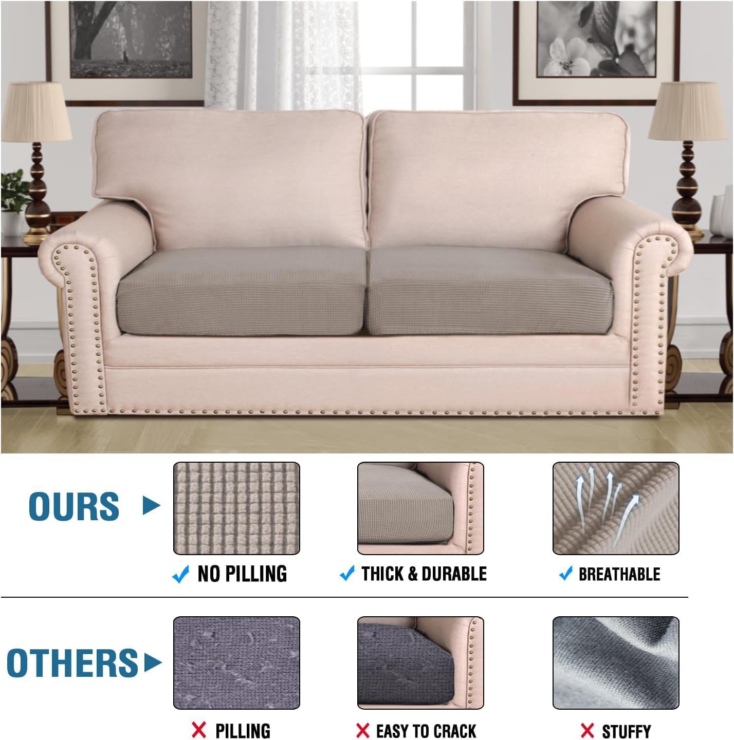 H.VERSAILTEX Super Stretch Individual Seat Sofa Covers Couch Slipcover Sets Thick Jacquard Textured Twill Fabric (2 Piece Large Sofa Cushion Covers, Taupe)