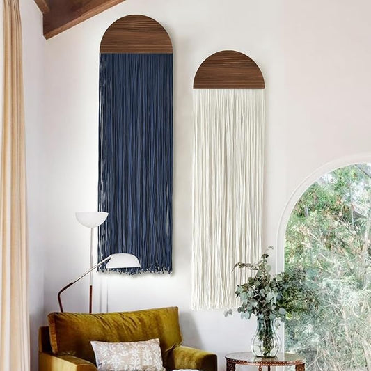 2 Pcs Macrame Wall Hanging Fiber Wall Art Boho Fringe Wall Decor Handmade Modern Textile Tapestry for Living Room Bedroom Apartment Scandinavian Home Decor 13.7" W x 51" L