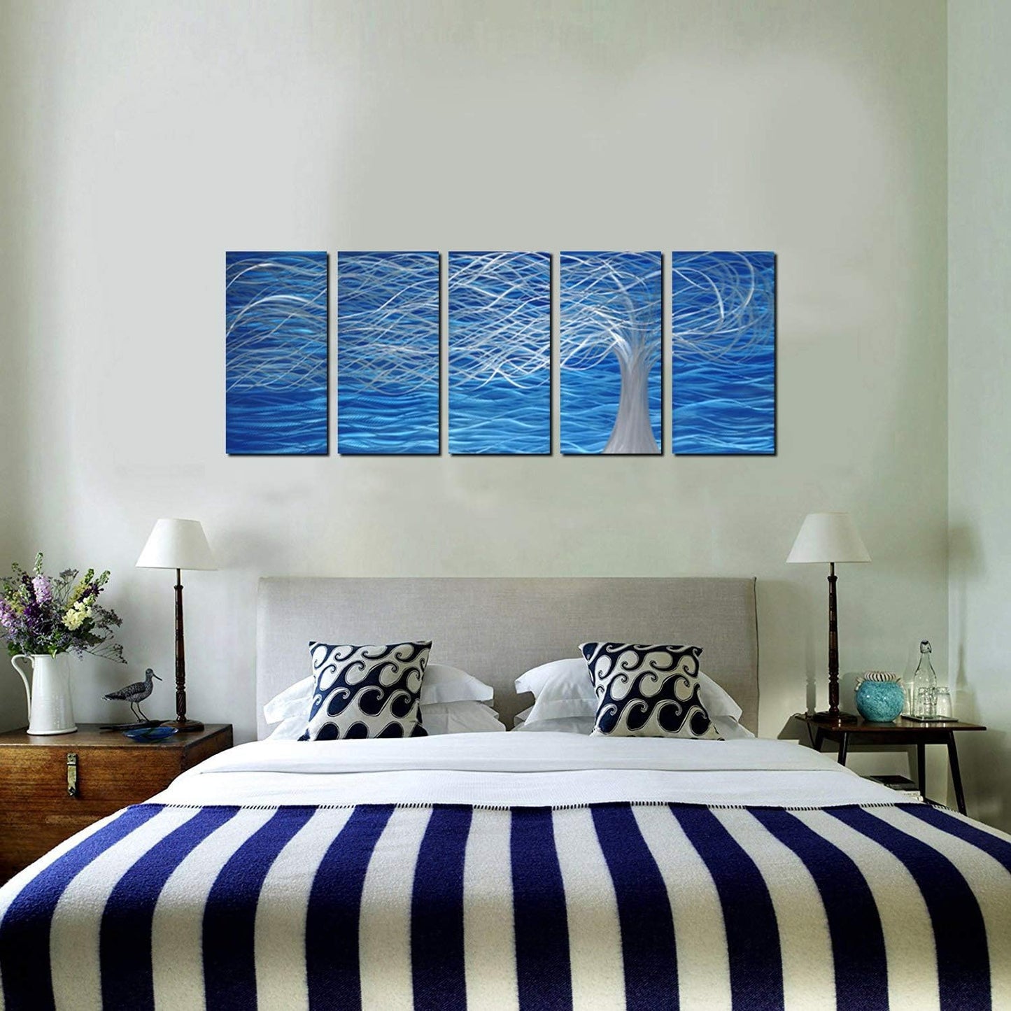 Unique Metal Wall Sculpture, Metal Wall Art with Tree Painting Design, Abstract Modern and Contemporary Décor, Aluminum Blue Artwork, Indoor and Outdoor decoration, 5 panels 64"Wx24"H