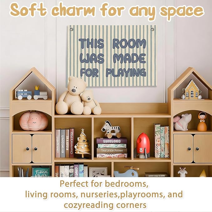 RTXLEZM Kids Playroom Decor, This Room Was Made for Playing Canvas Banner Wall Hanging, Retro Boho Blue and Cream Striped Wall Art Prints for Toddler Boys Room Bedroom Playroom Decor, 20x30 Inch