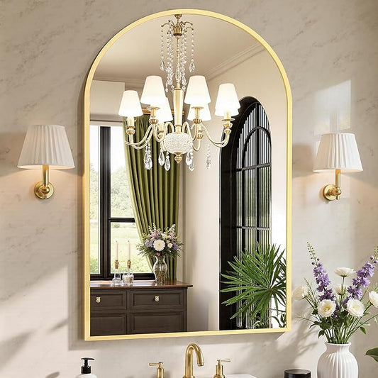 Sweetcrispy 26.5"x38" Arched Gold Bathroom Vanity Mirror for Over Sink, Wall Decor Mirror for Entryway, Bedroom, Living Room
